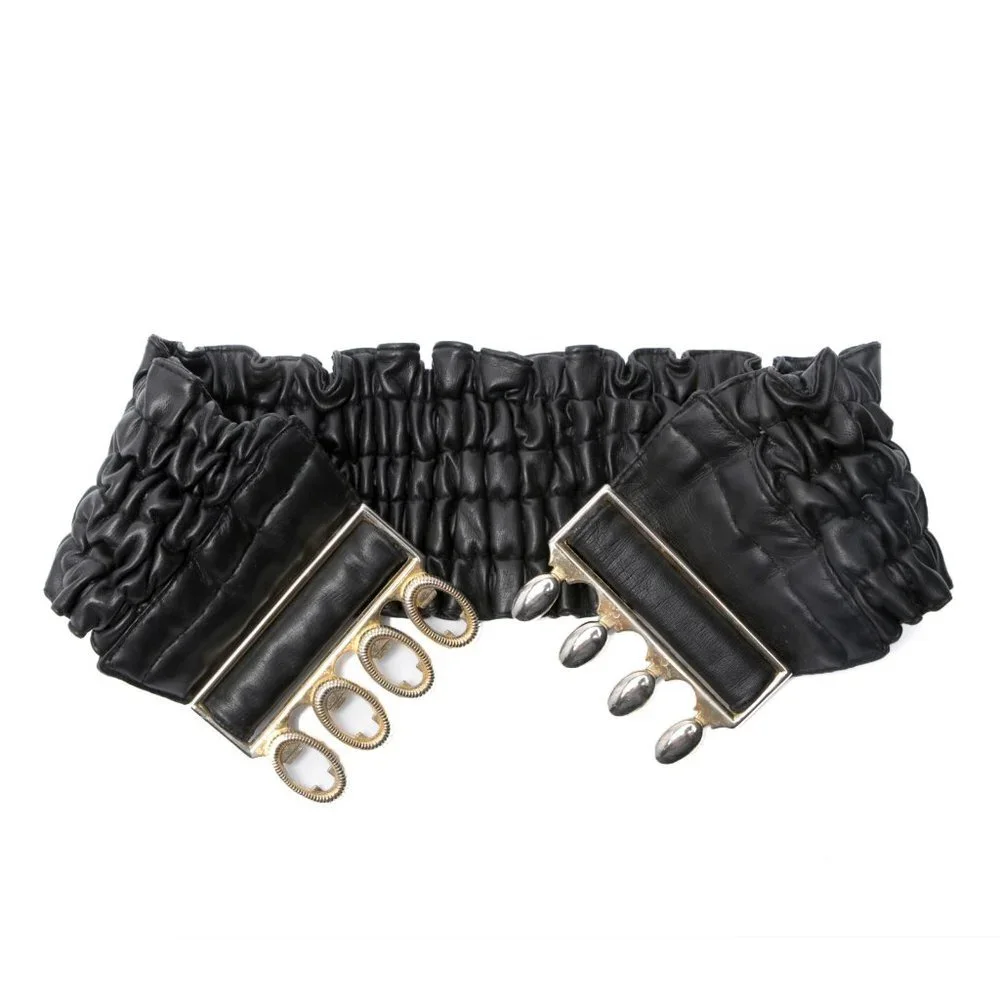 Vegan Faux Leather Wide Cinch Belt Ruffled Black Stretch Waist Band Gold Buckle - Picture 5 of 11